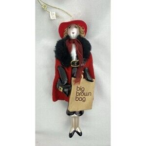 Bloomingdales Woman Fancy Shopper Big Brown Bag Glass Christmas Ornament 8"